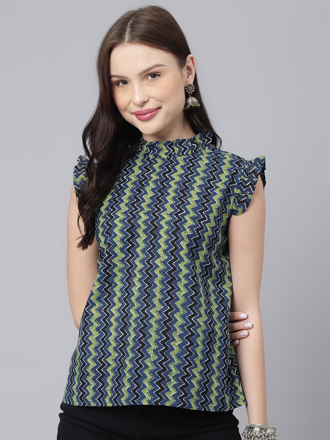 

DECKEDUP Geometric Print Ruffles Cotton Top, Blue