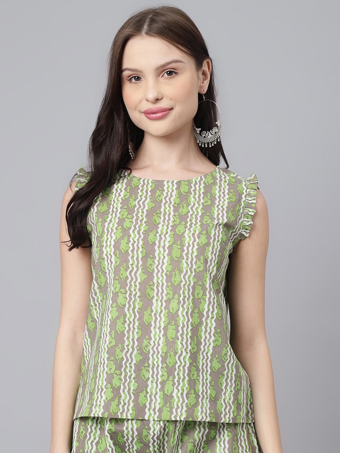 

DECKEDUP Print Ruffles Cotton Top, Green