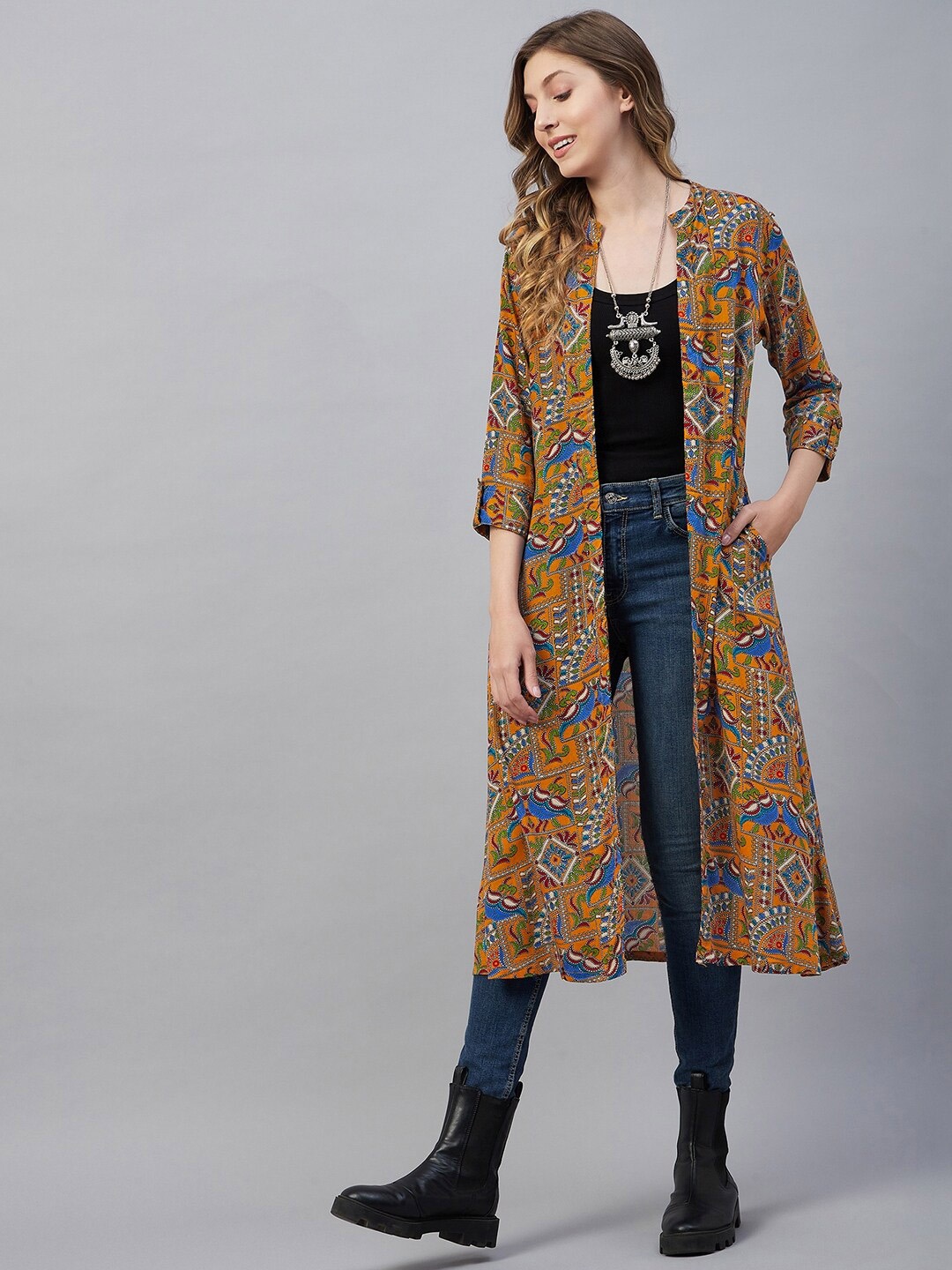 

Azira Women Printed Ethnic Longline Shrug, Mustard