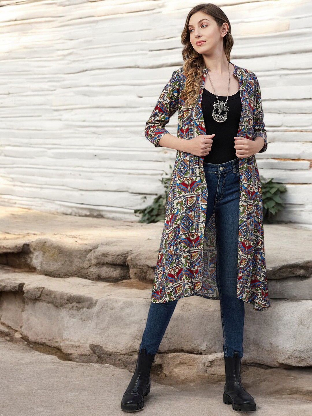 

Azira Women Printed Longline Shrug, Beige