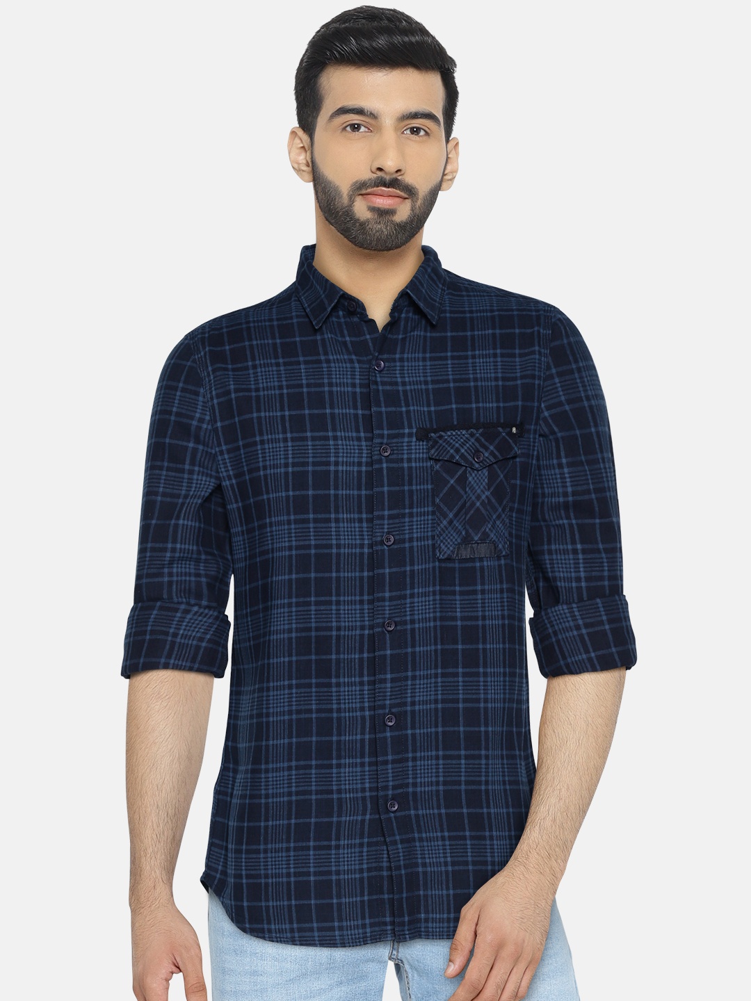 

SPYKAR Men Navy Blue Slim Fit Checked Casual Shirt