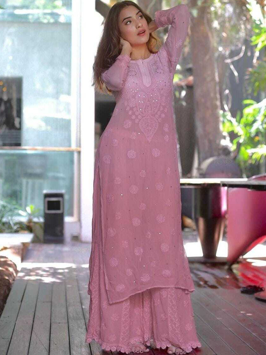 

LABEL AISHWARYRIKA Women Thread Work Handloom Georgette Anarkali Kurta, Mauve