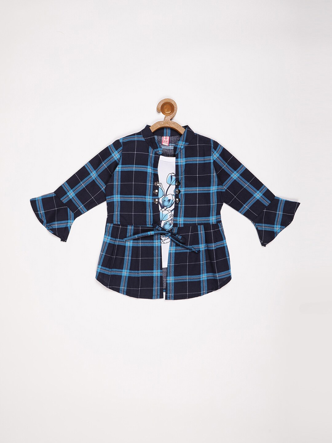 

V2 Value & Variety Girls Checked Mandarin Collar Shirt Style Cotton Top, Blue