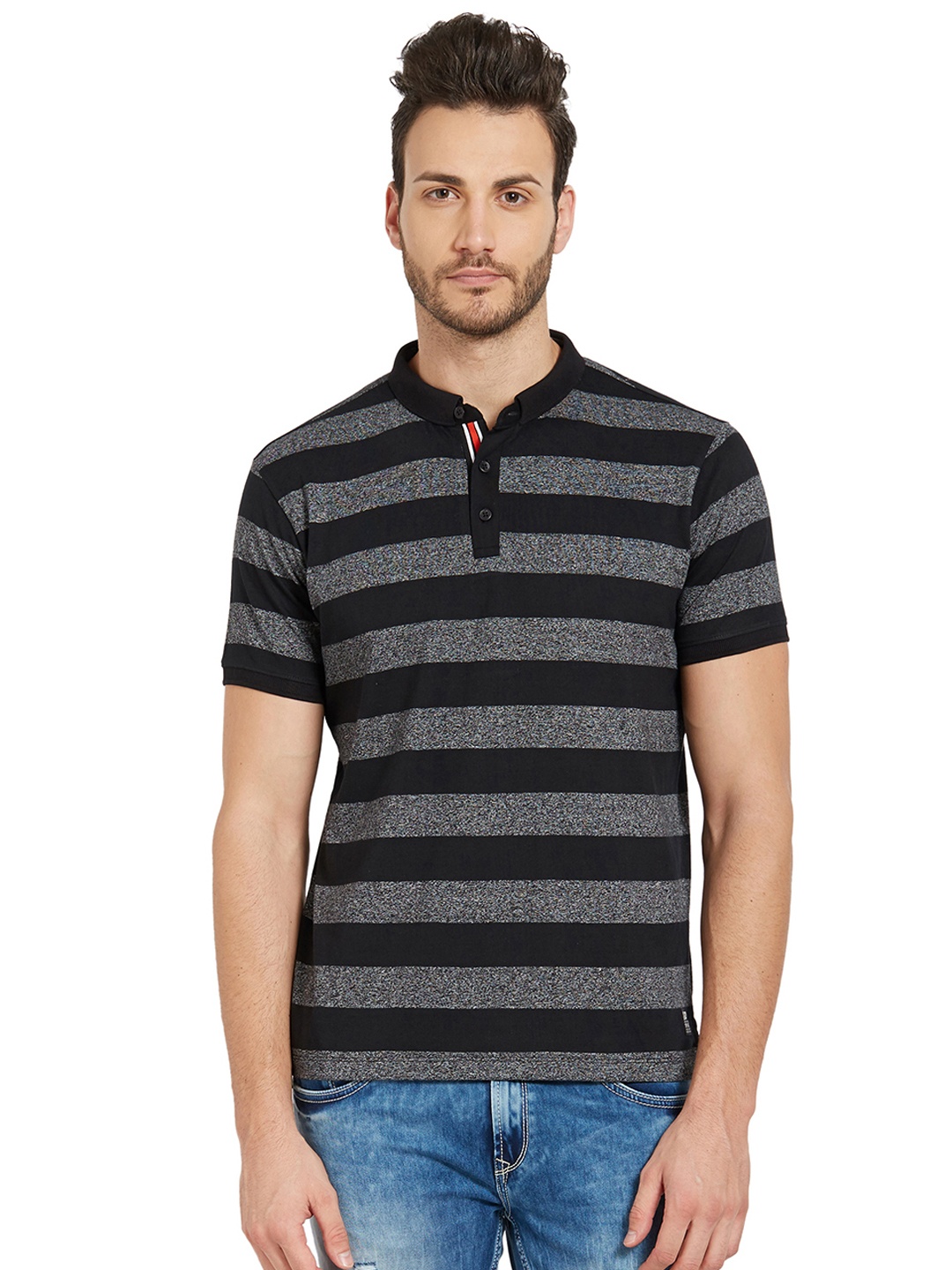 

SPYKAR Men Black & Grey Striped Polo Collar T-shirt