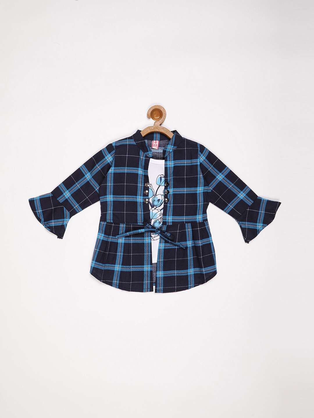 

V2 Value & Variety Girls Checked Mandarin Collar Shirt Style Top, Blue