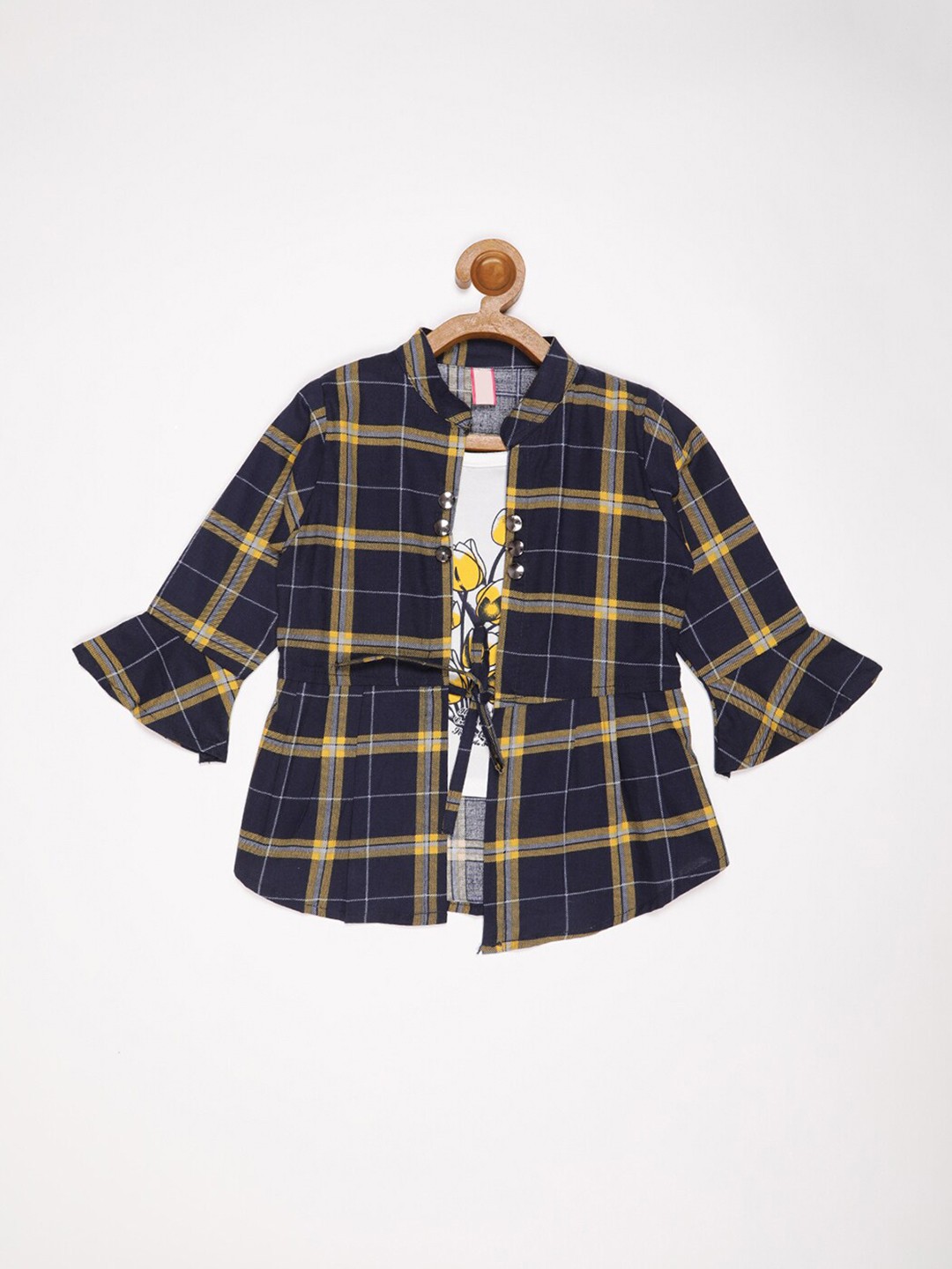 

V2 Value & Variety Cotton Checked Mandarin Collar Shirt Style Top, Navy blue