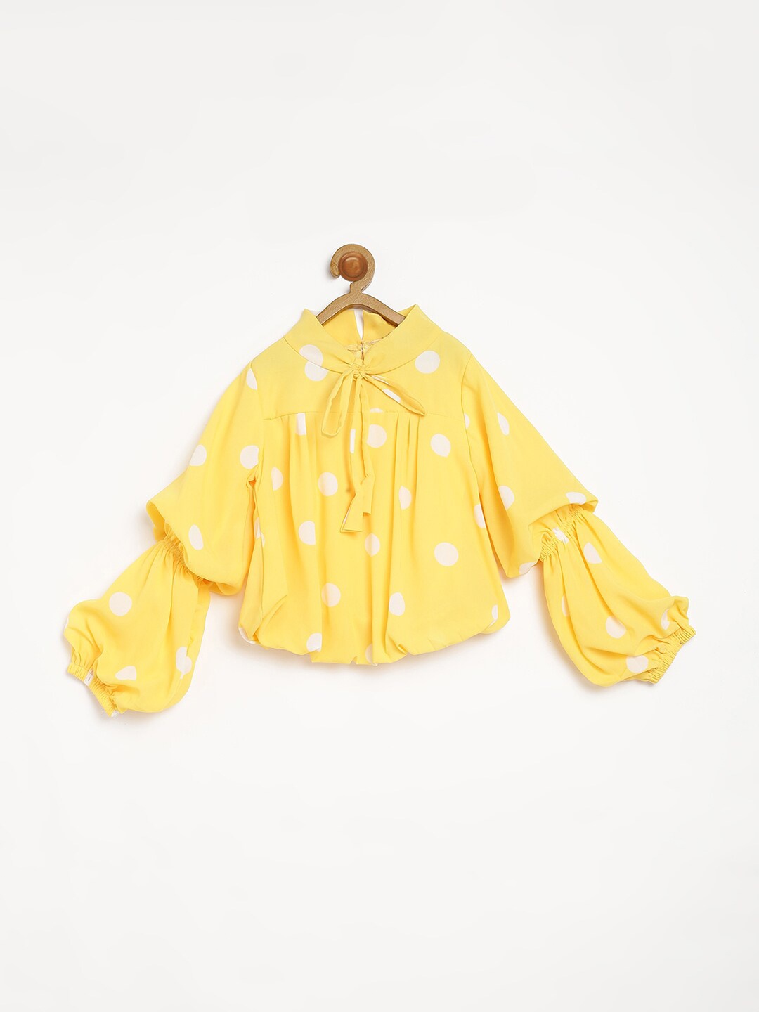 

V2 Value & Variety Yellow Polka Dots Print Tie-Up Neck Blouson Top