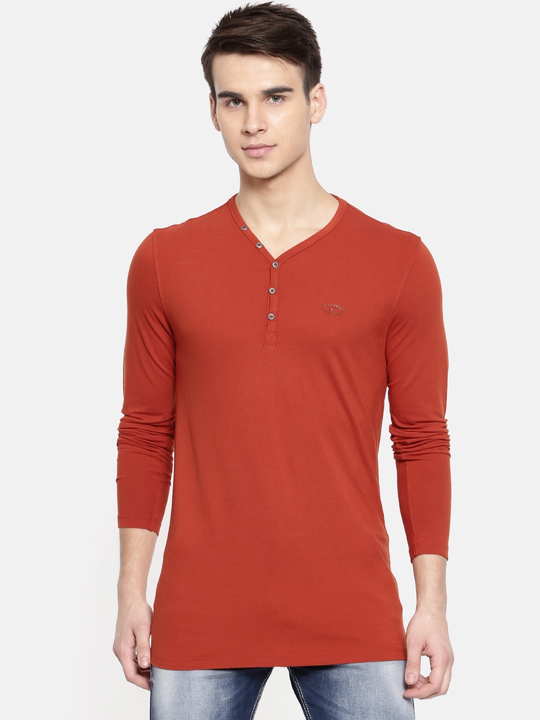 

SPYKAR Men Orange Solid Henley Neck T-shirt