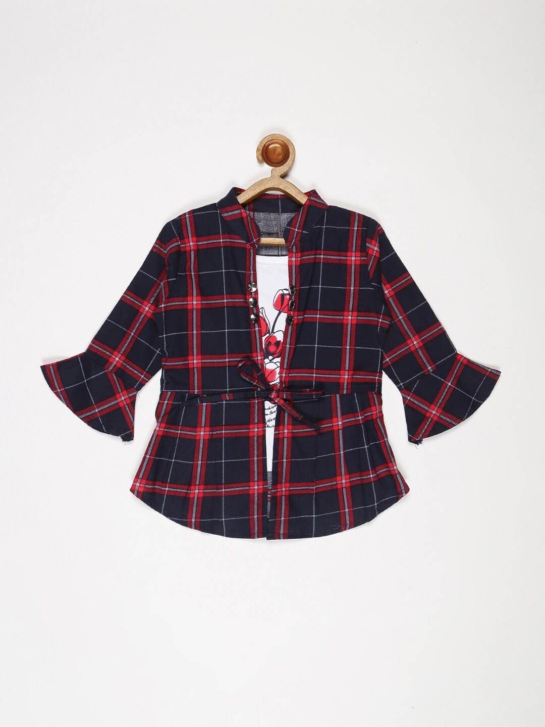 

V2 Value & Variety Girls Checked Mandarin Collar Shirt Style Top, Red