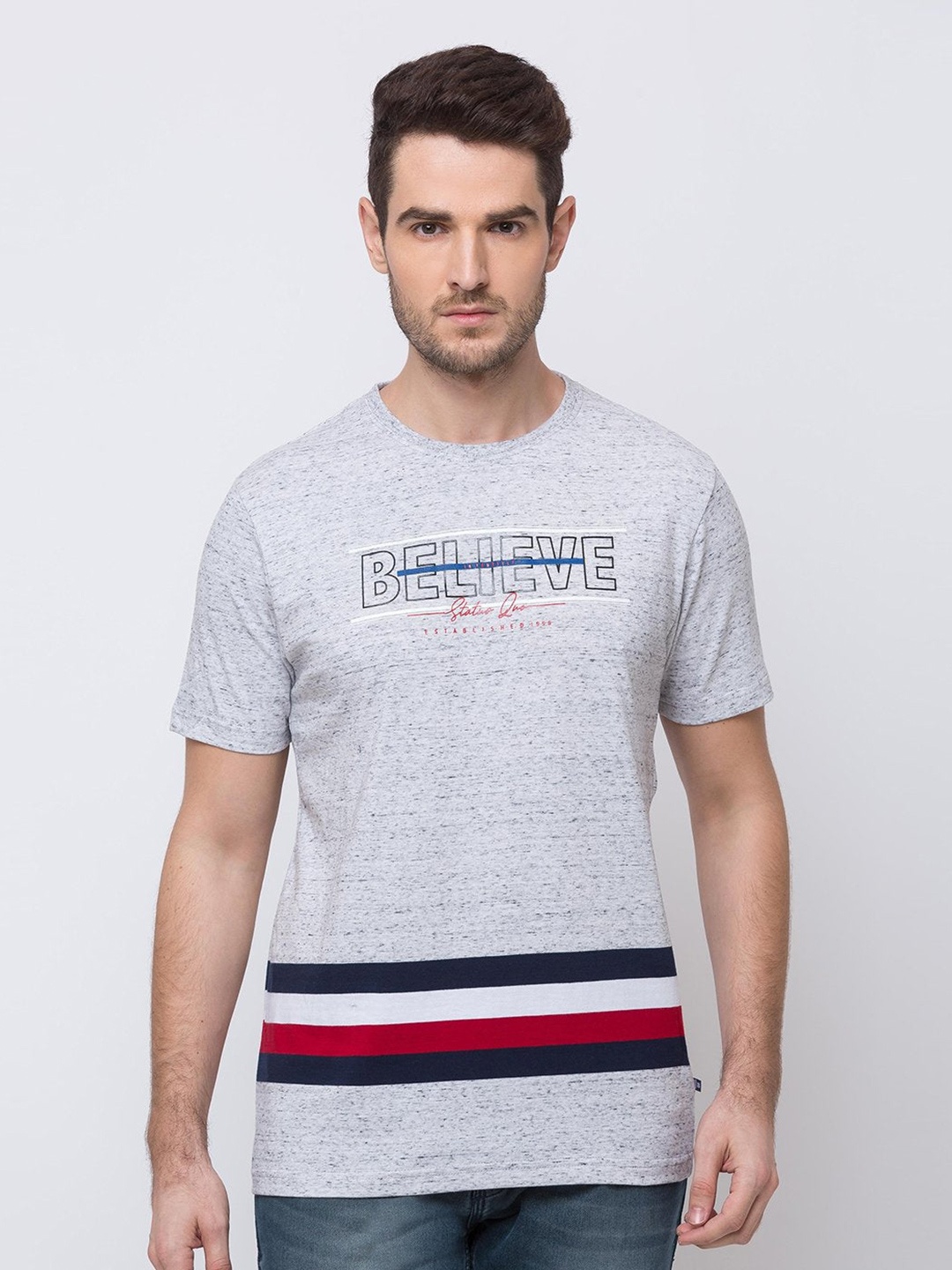

Status Quo Men Striped Cotton T-shirt, Grey
