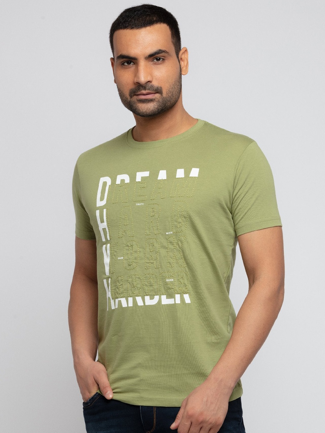 

Status Quo Men Plus Size Typography Printed Cotton T-shirt, Green