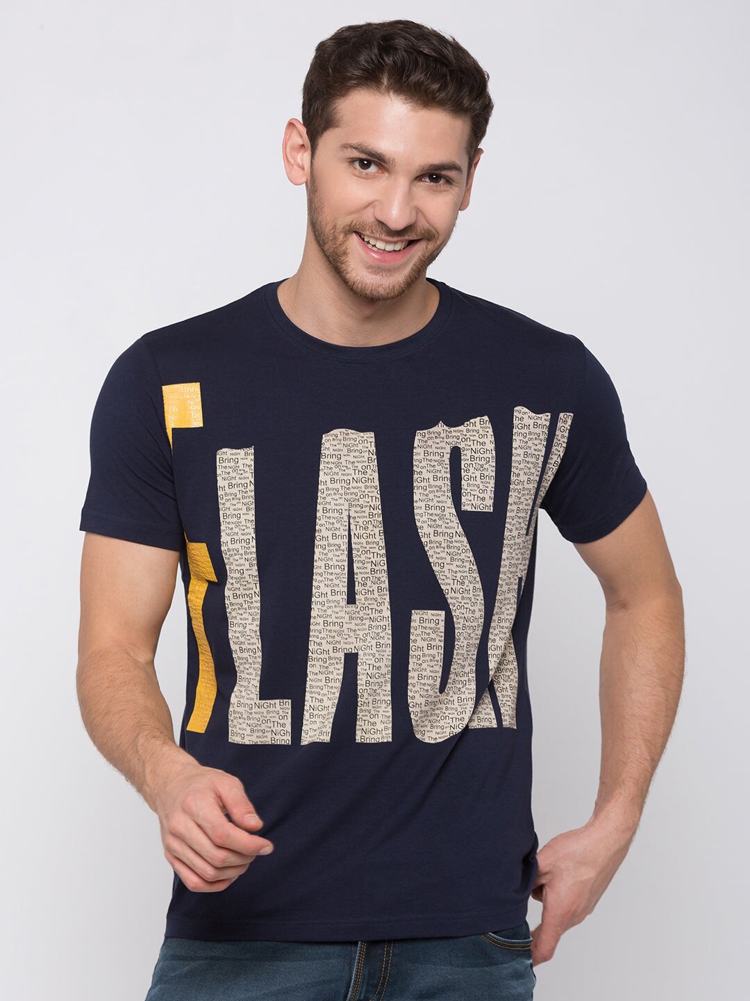 

Status Quo Men Typography Printed Cotton T-shirt, Navy blue