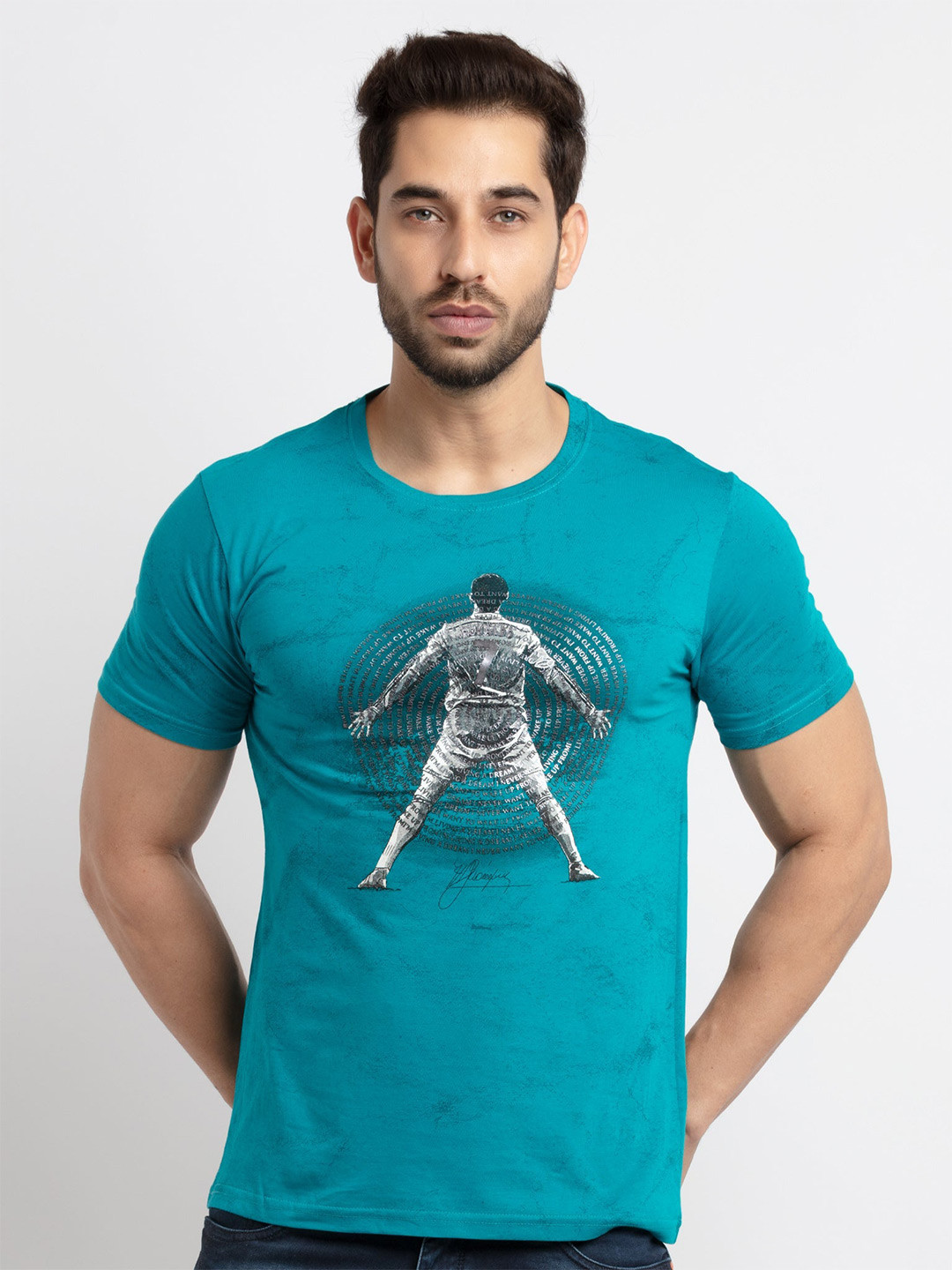 

Status Quo Men Blue Printed Raw Edge T-shirt