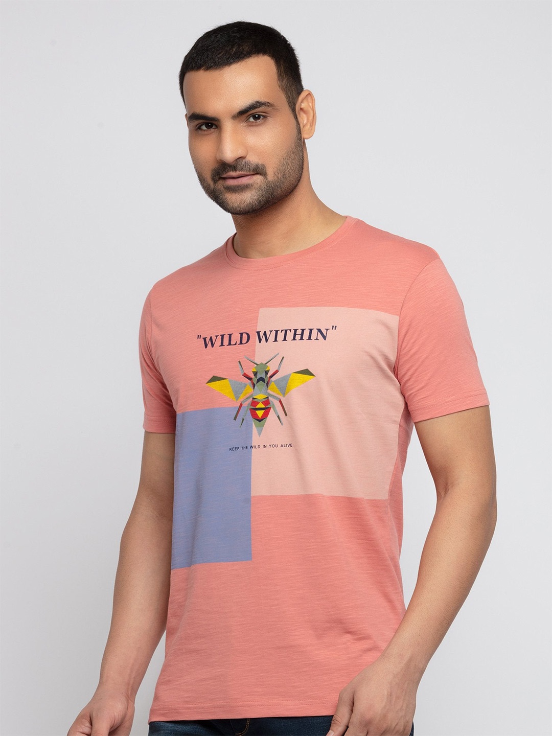 

Status Quo Men Printed Cotton T-shirt, Peach