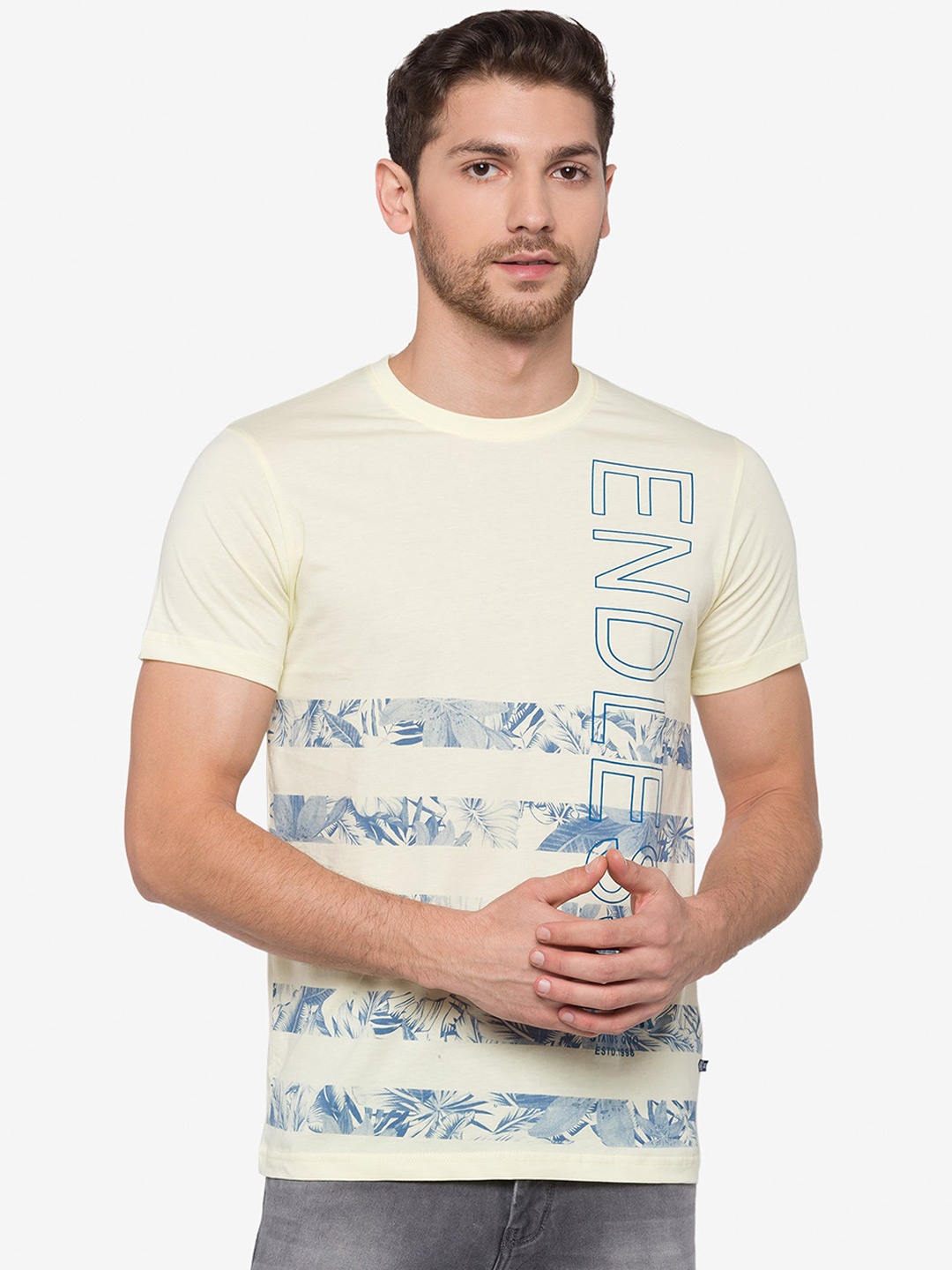 

Status Quo Men Printed Round Neck Cotton T-shirt, Yellow