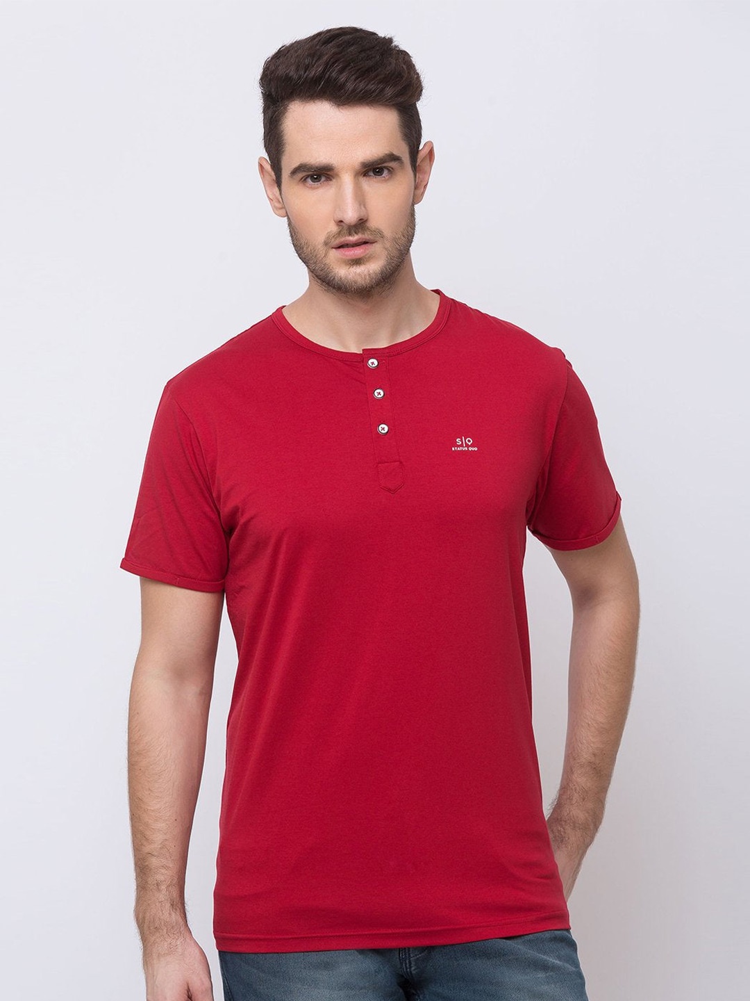 

Status Quo Men Solid Henley Neck Cotton T-shirt, Red