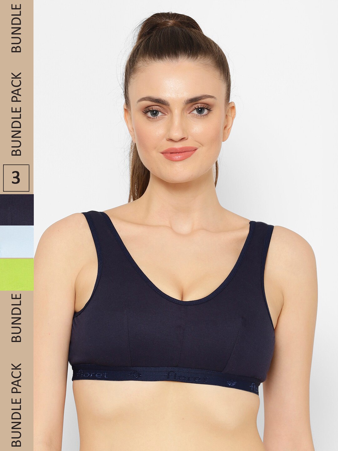 

Floret Pack Of 3 Non Padded & Non-Wired Workout Bra, Navy blue