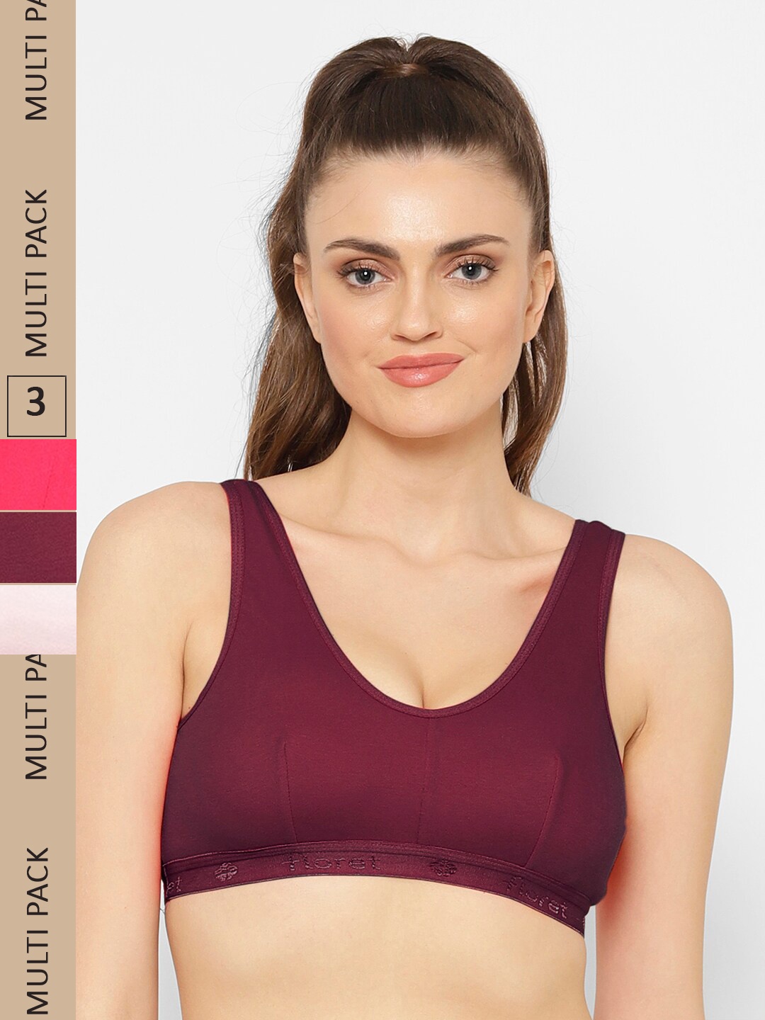 

Floret Pack of 3 Non-Wired Cotton Bra, Burgundy