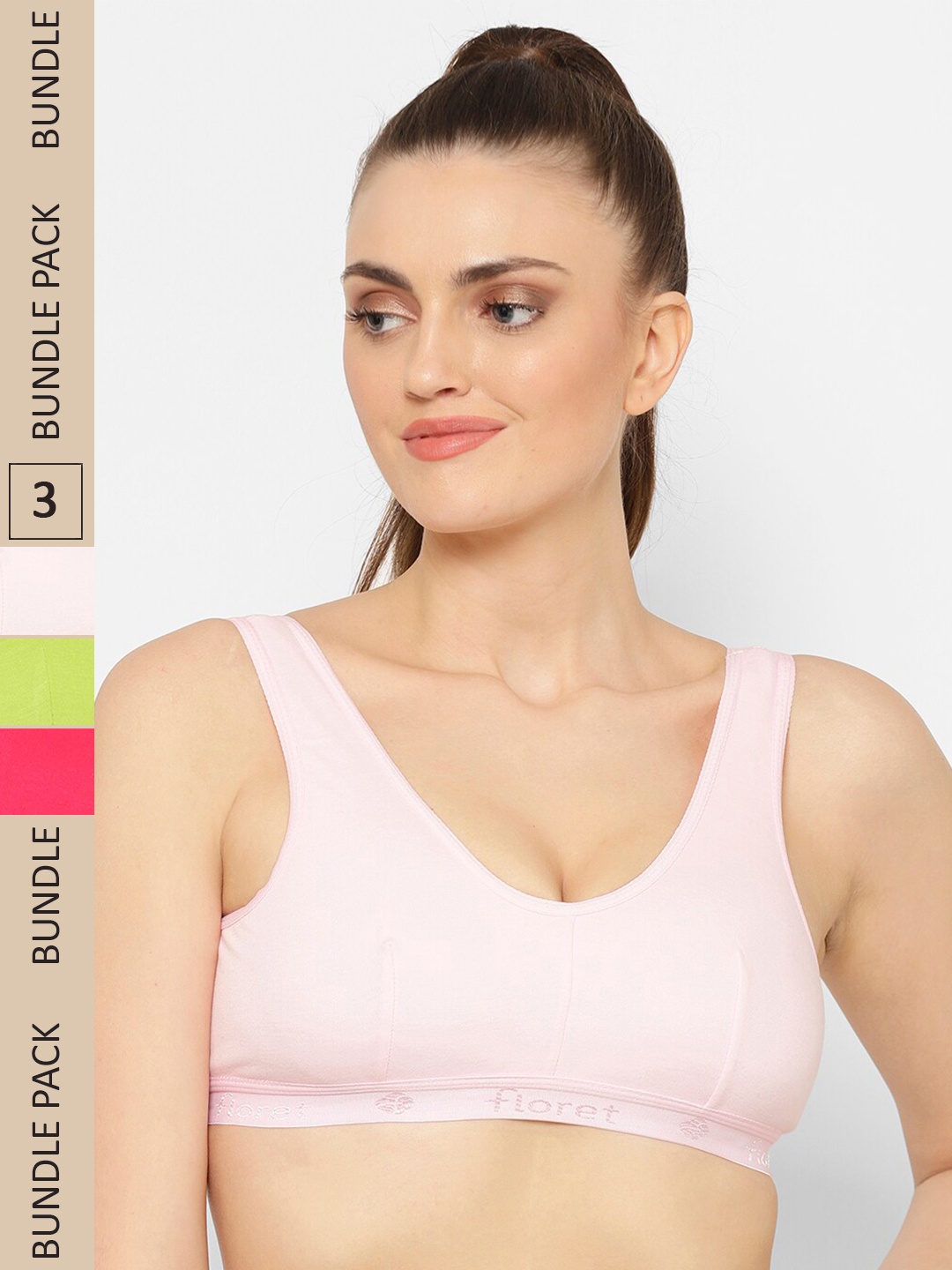 

Floret Pack of 3 Cotton Non Padded Workout Bra, Pink