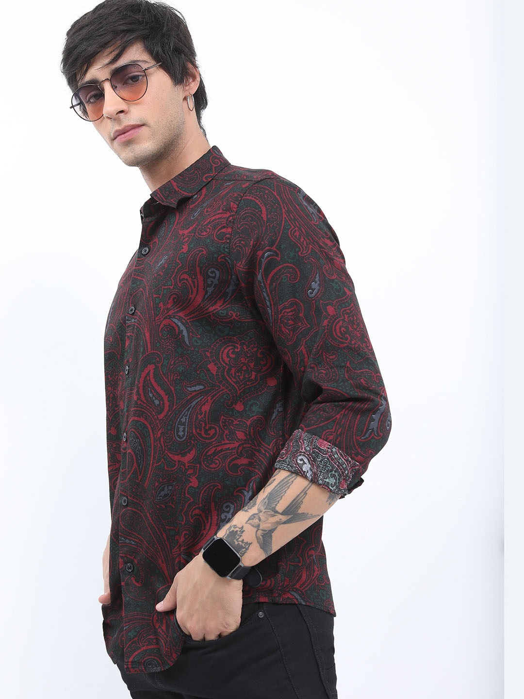 

HIGHLANDER Men Slim Fit Printed Casual Shirt, Maroon