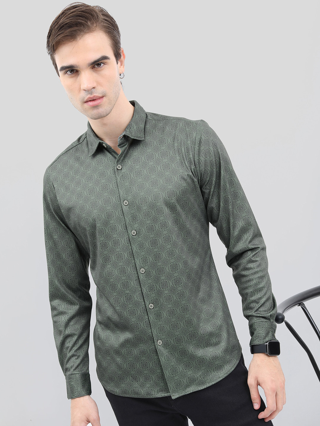 

HIGHLANDER Men Slim Fit Printed Casual Shirt, Olive