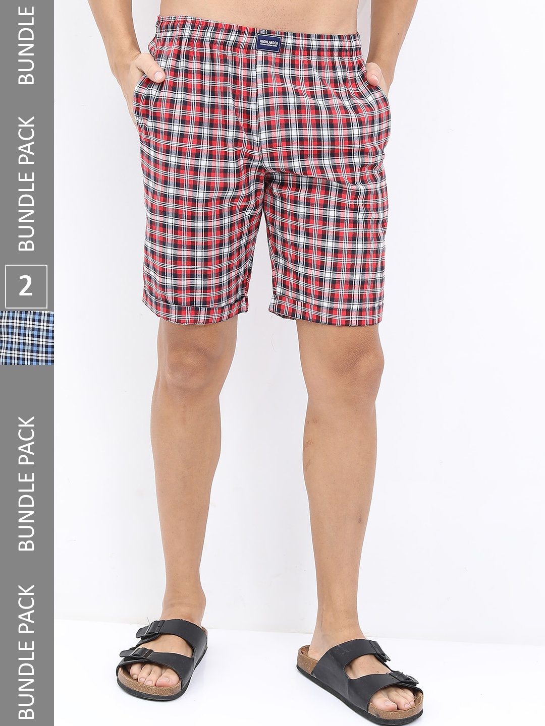 

HIGHLANDER Men Pack of 2 Checked Lounge Shorts, Red