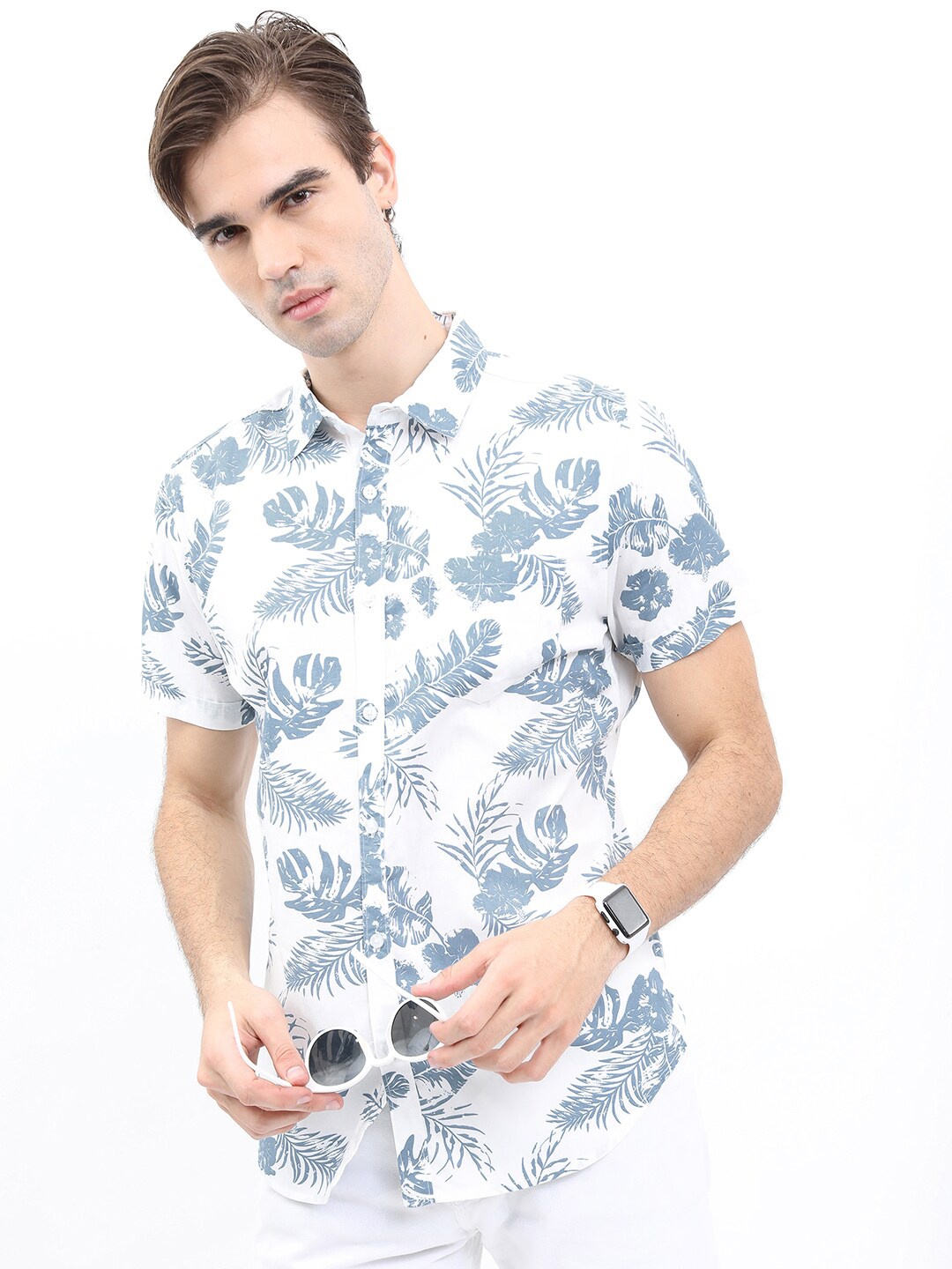 

HIGHLANDER Men Tropical Printed Cotton Slim Fit Casual Shirt, White