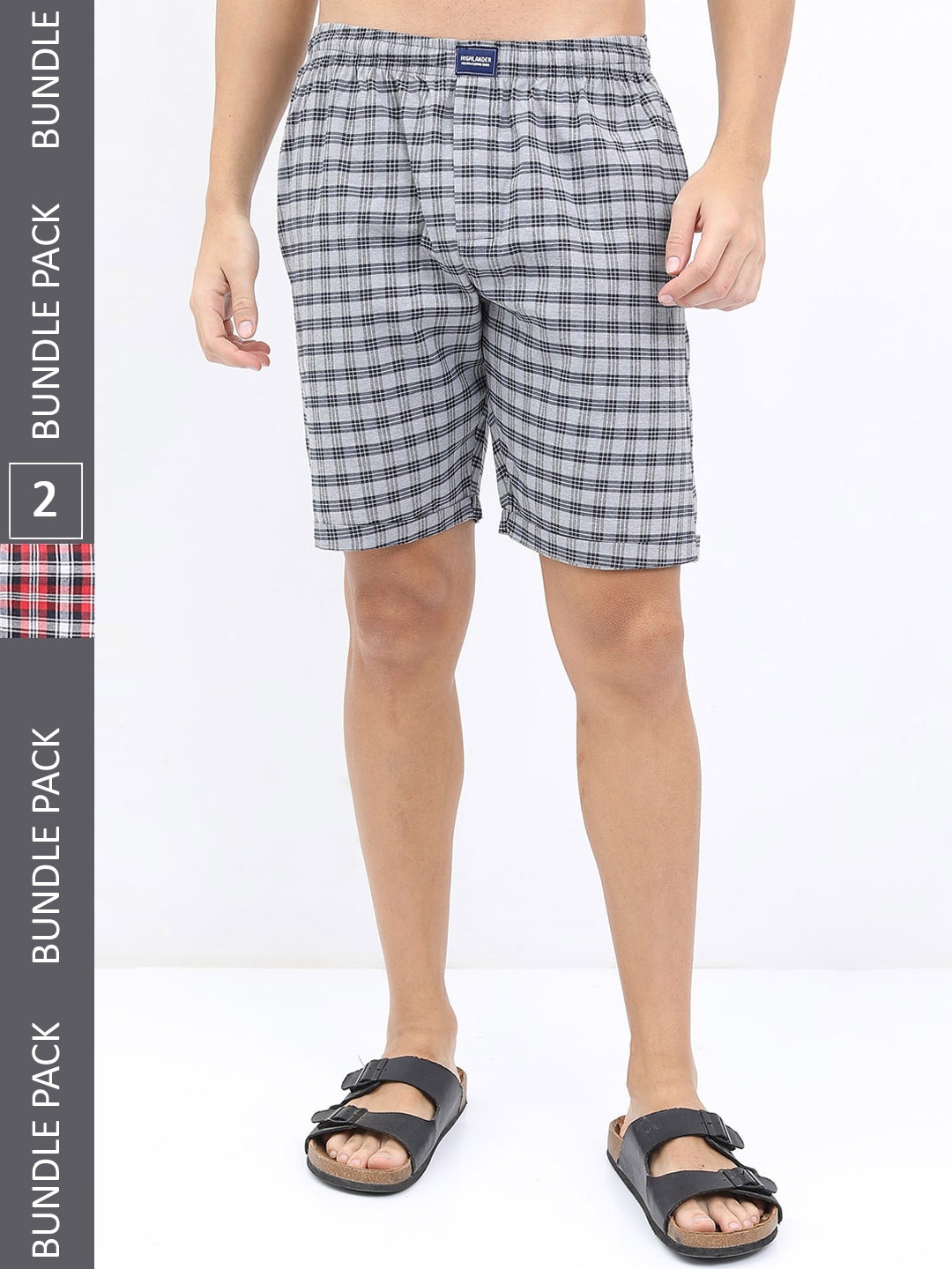 

HIGHLANDER Men Pack of 2 Checked Lounge Shorts, Red