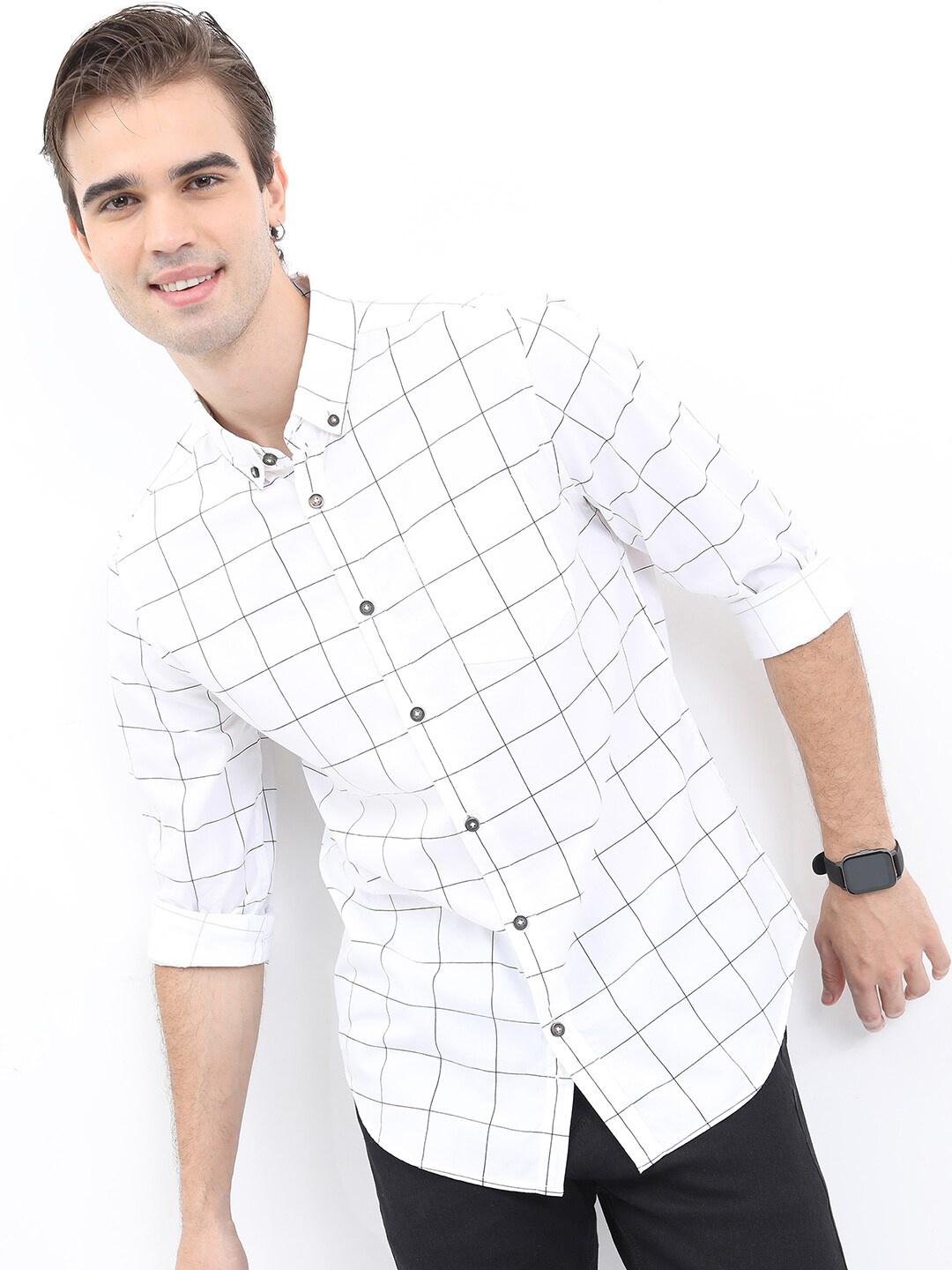 

HIGHLANDER Men Checked Cotton Slim Fit Casual Shirt, White