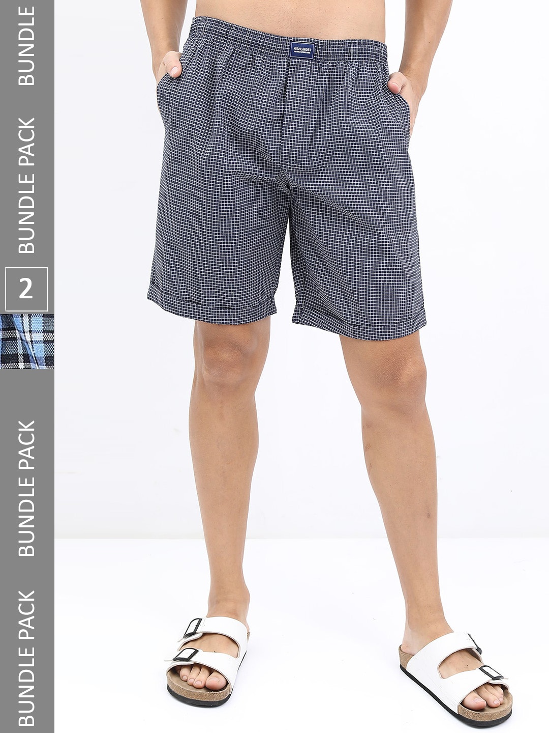 

HIGHLANDER Men Pack of 2 Checked Lounge Shorts, Navy blue