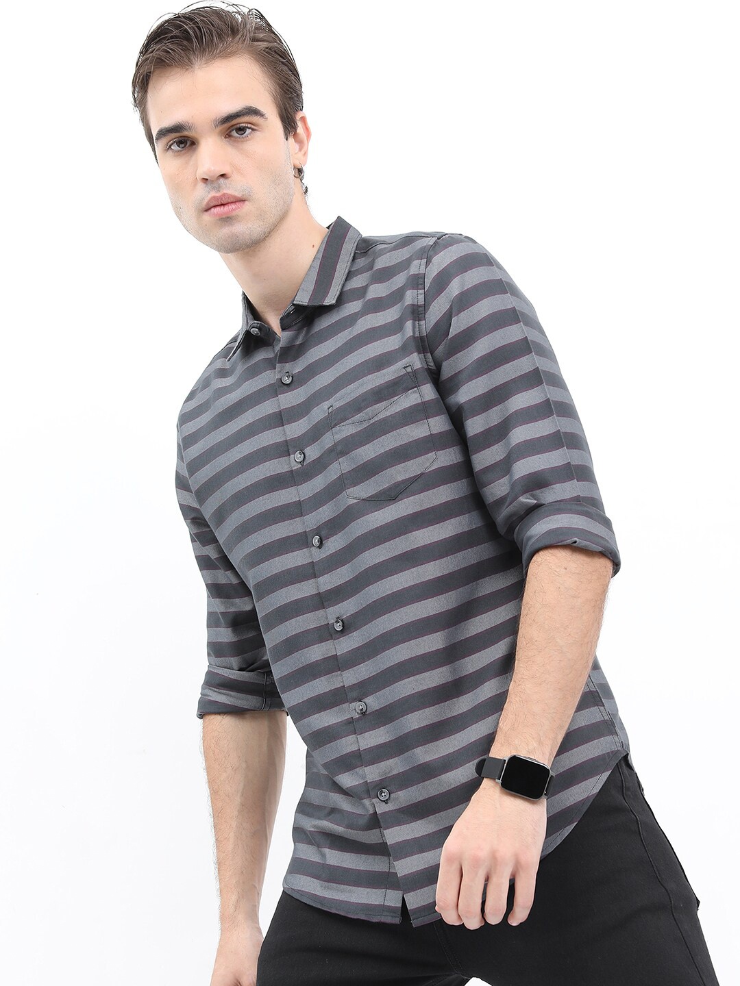 

HIGHLANDER Men Slim Fit Horizontal Striped Casual Shirt, Grey