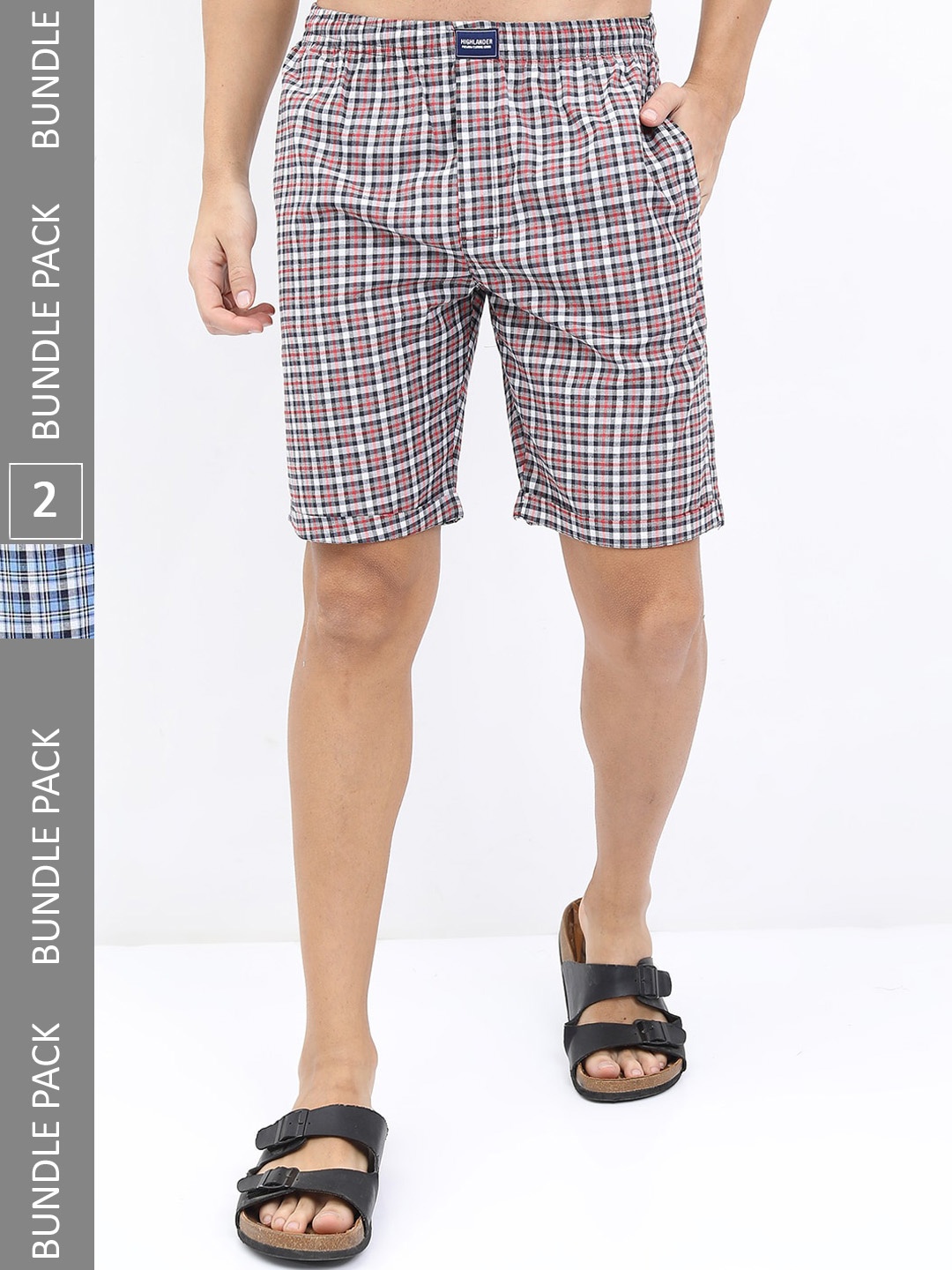 

HIGHLANDER Men Pack Of 2 Mid-Rise Checked Lounge Shorts, Red