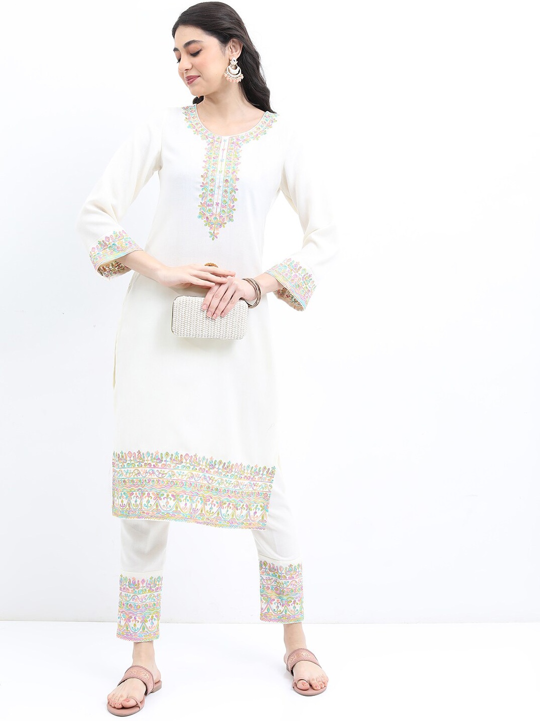 

KETCH Women Faux Pashmia Floral Embroidered Kurta with Trousers, White