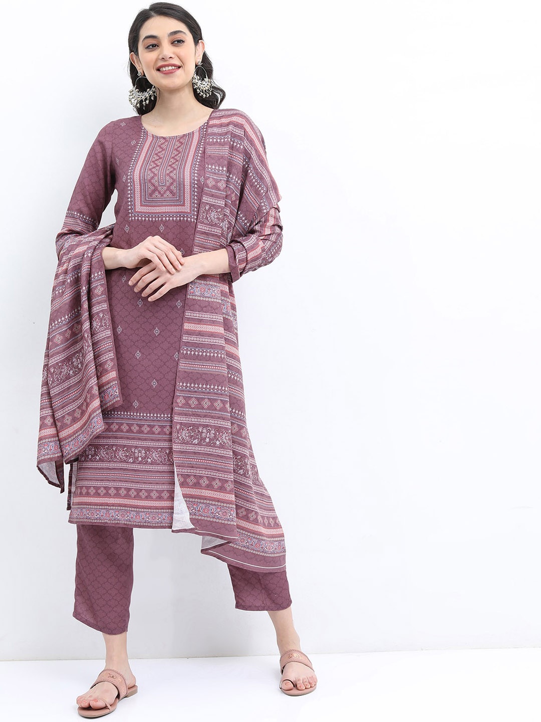 

KETCH Women Faux Pashmia Ethnic Motifs Printed Kurta with Trousers & Dupatta, Mauve