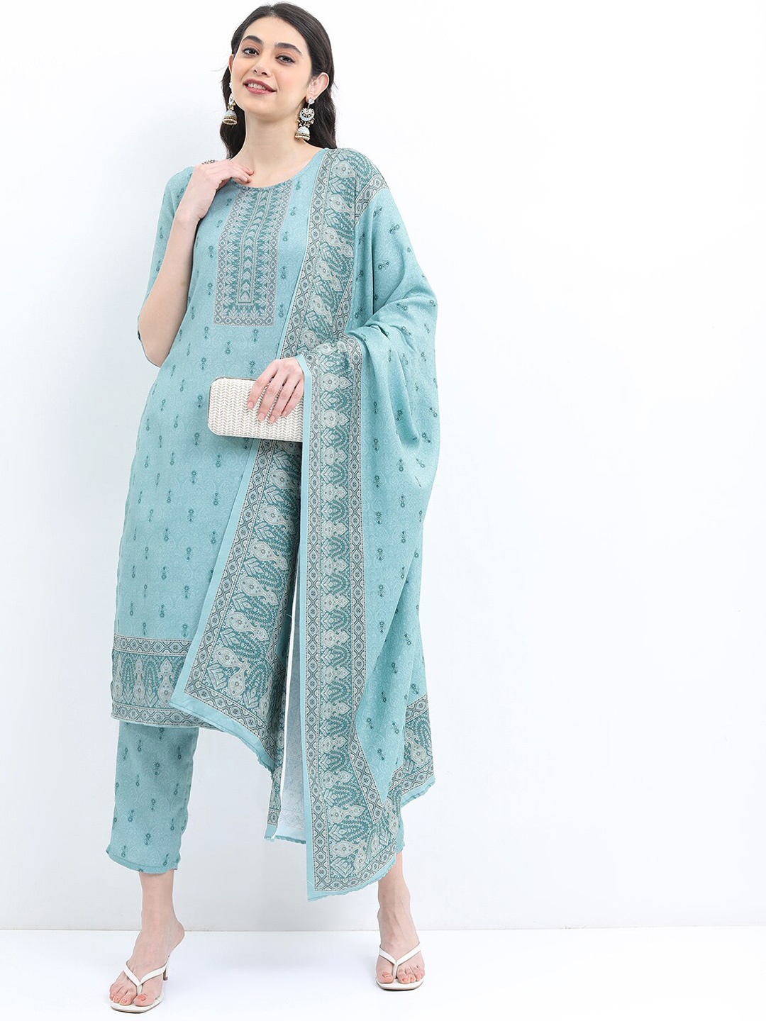 

KETCH Women Ethnic Motifs Printed Faux Pashmina Kurta with Palazzos & Dupatta, Blue