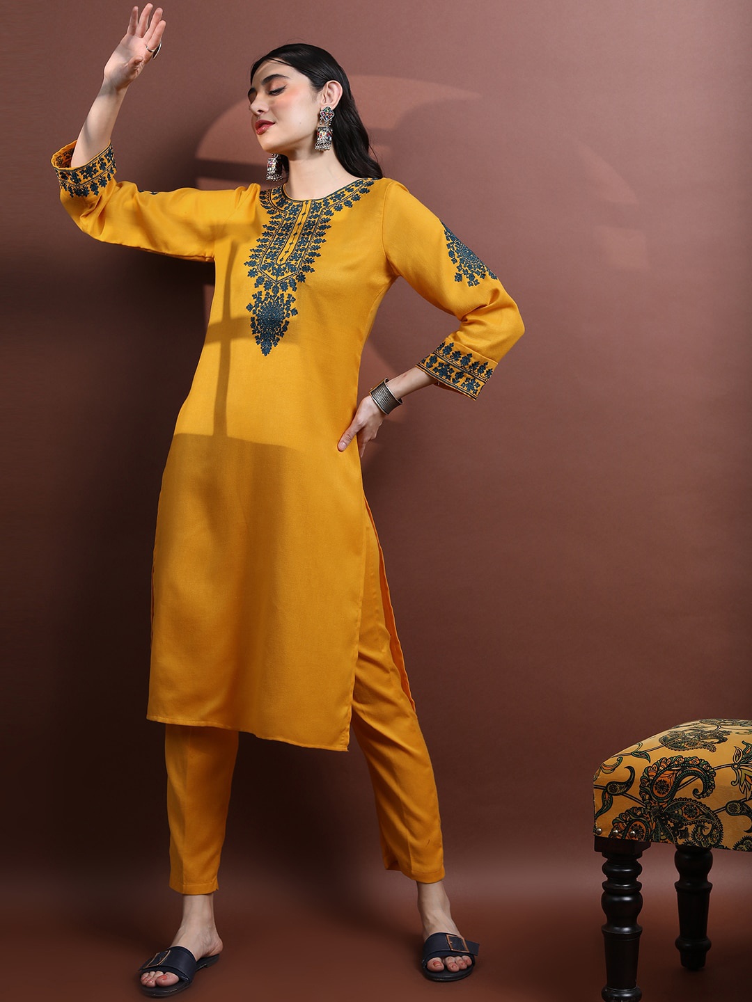 

Vishudh Ethnic Design Embroidered Faux Pashmina Kurta with Trousers, Mustard