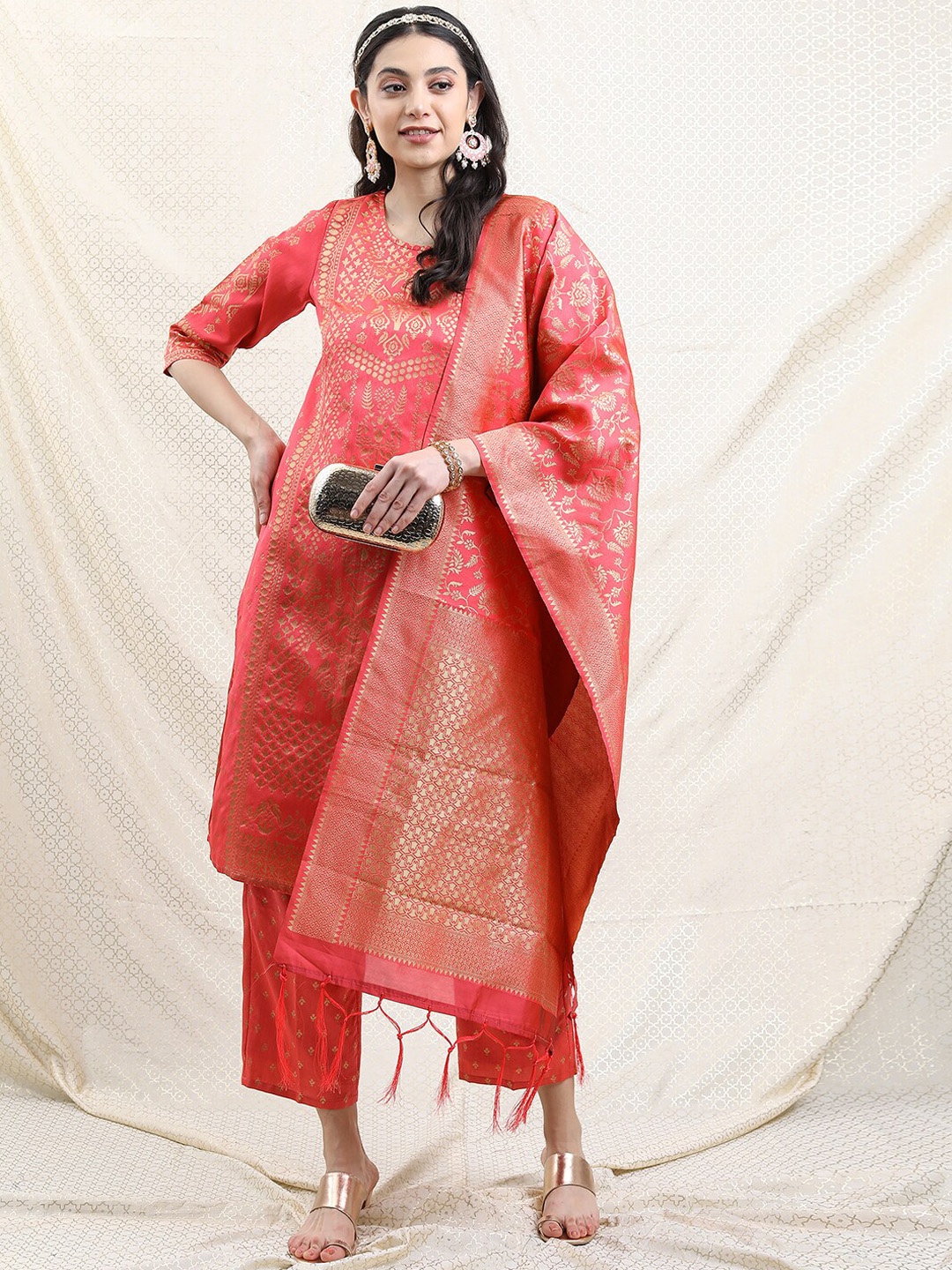 

Vishudh Women Poly Brocade Ethnic Motifs Kurta with Trousers & Dupatta, Red