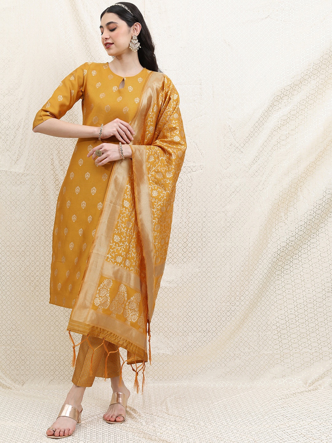 

Vishudh Women Poly Brocade Ethnic Motifs Kurta with Trousers & With Dupatta, Yellow