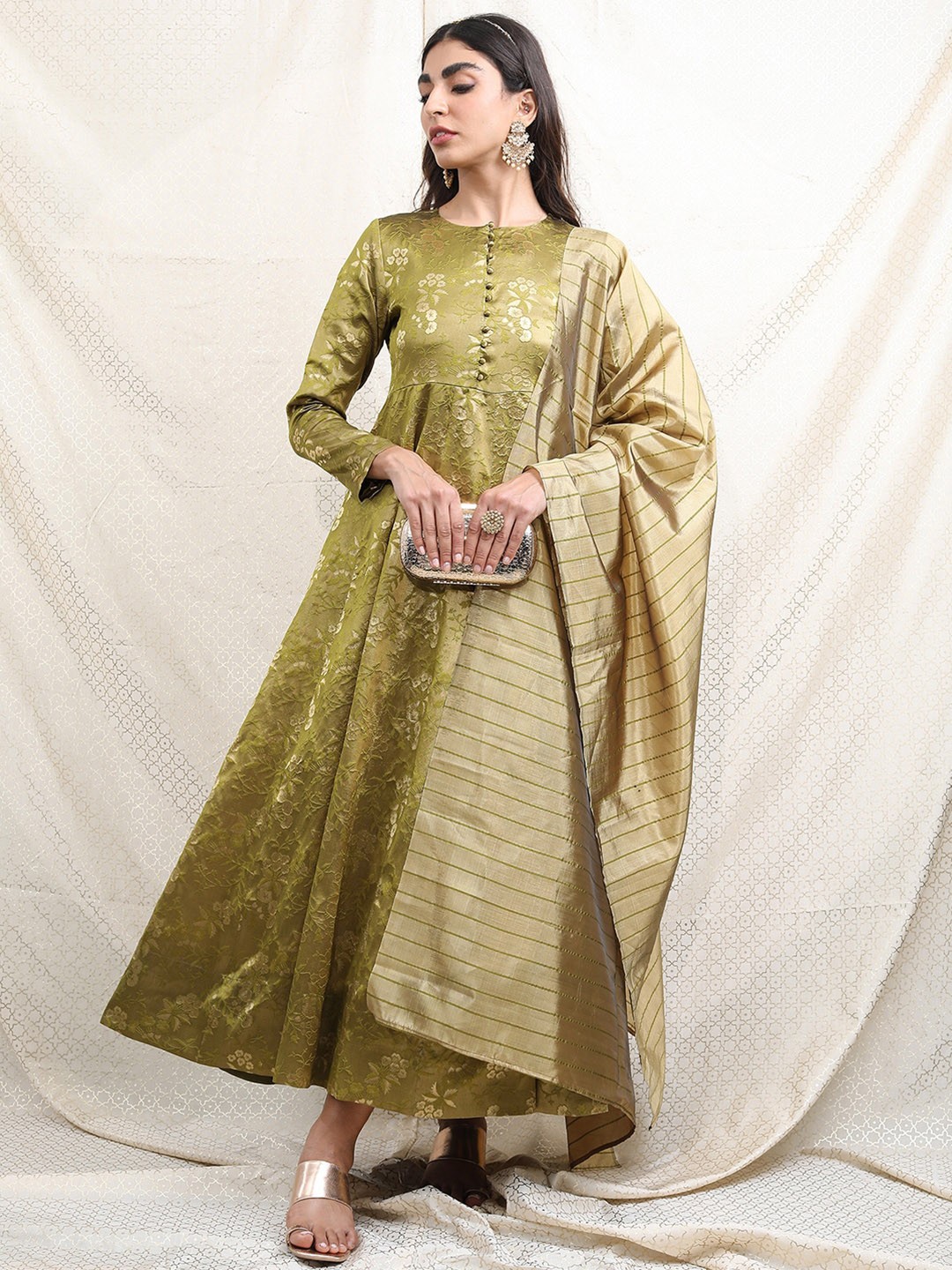 

Vishudh Green Brocade Floral Woven Design A-Line Maxi Ethnic Dress With Dupatta