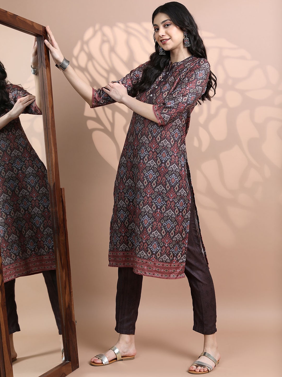 

Vishudh Women Faux Pashmia Ethnic Motifs Printed Kurta with Trousers, Brown