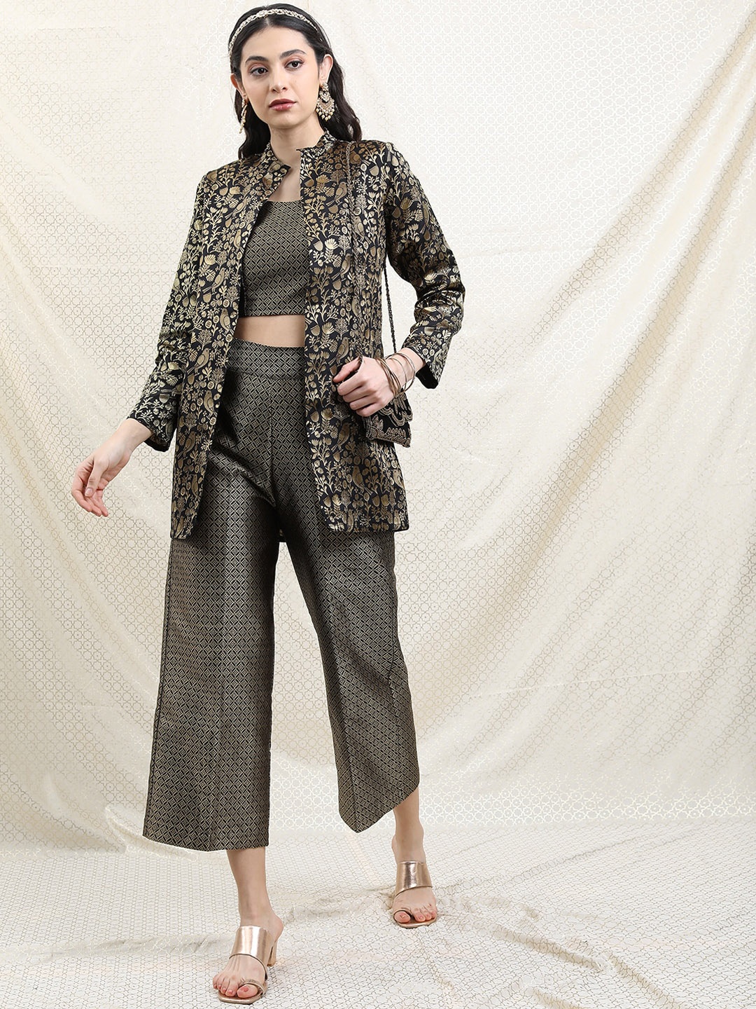 

Vishudh Black Geometric Woven Design Brocade Top With Trousers & Jacket