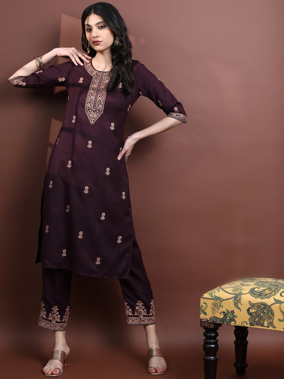 

Vishudh Women Ethnic Motifs Embroidered Faux Pashmina Kurta with Palazzos, Burgundy