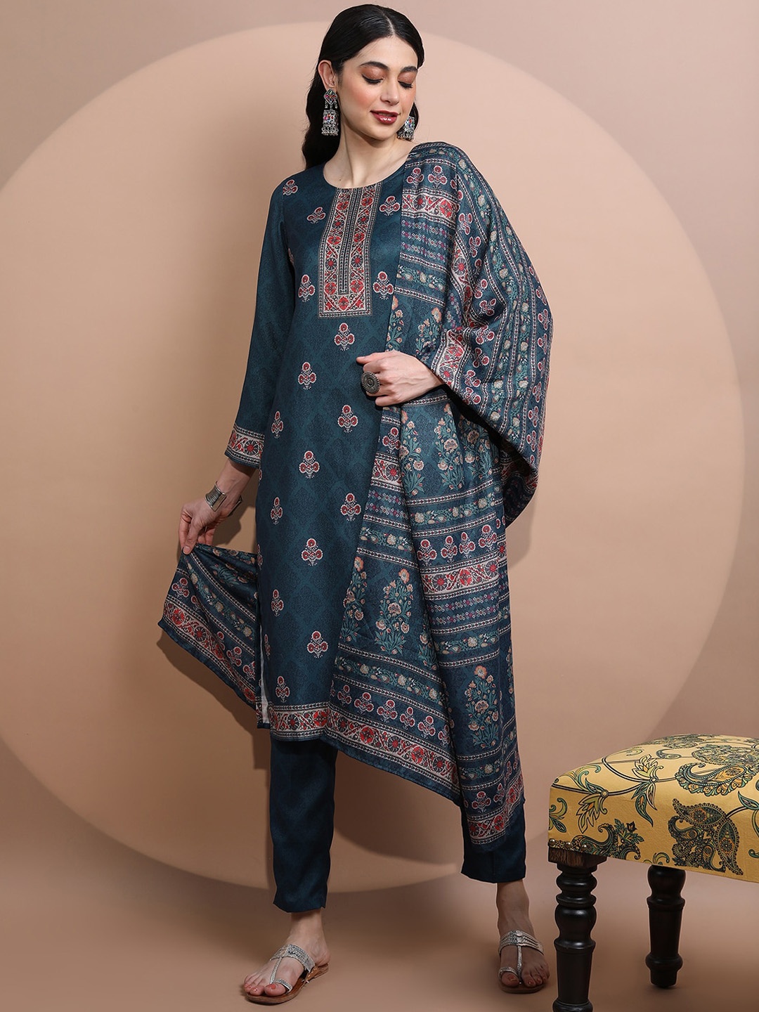 

Vishudh Ethnic Motifs Printed Faux Pashmina Kurta with Trousers & Dupatta, Blue