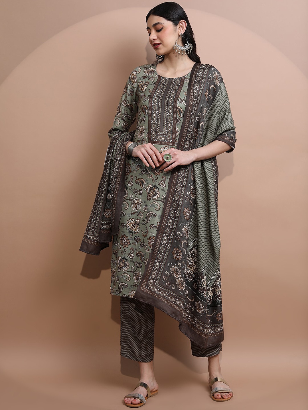 

Vishudh Women Faux Pashmia Floral Printed Kurta with Palazzos & Dupatta, Olive