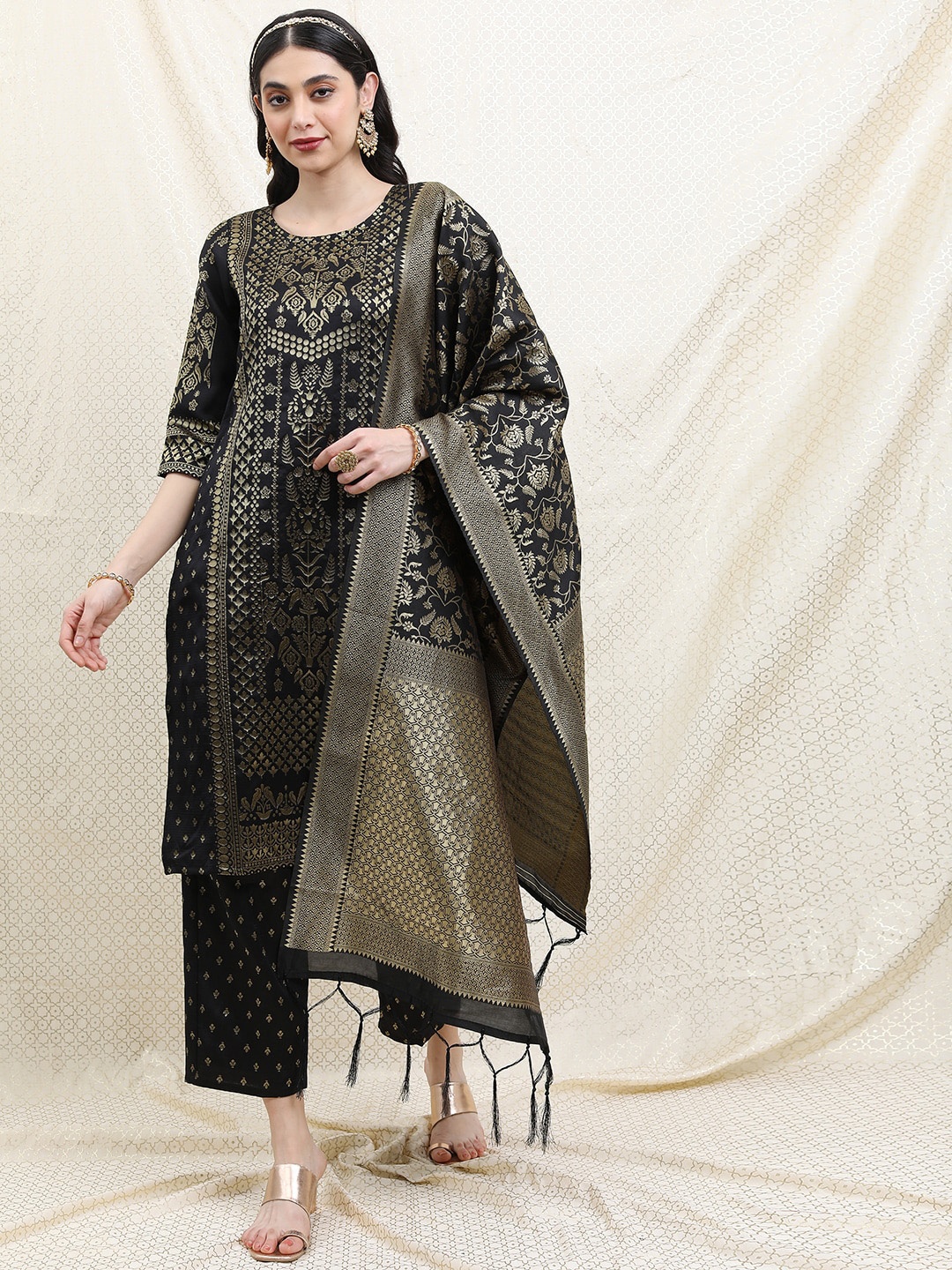 

Vishudh Ethnic Motifs Printed Brocade Kurta with Palazzos & Dupatta, Black