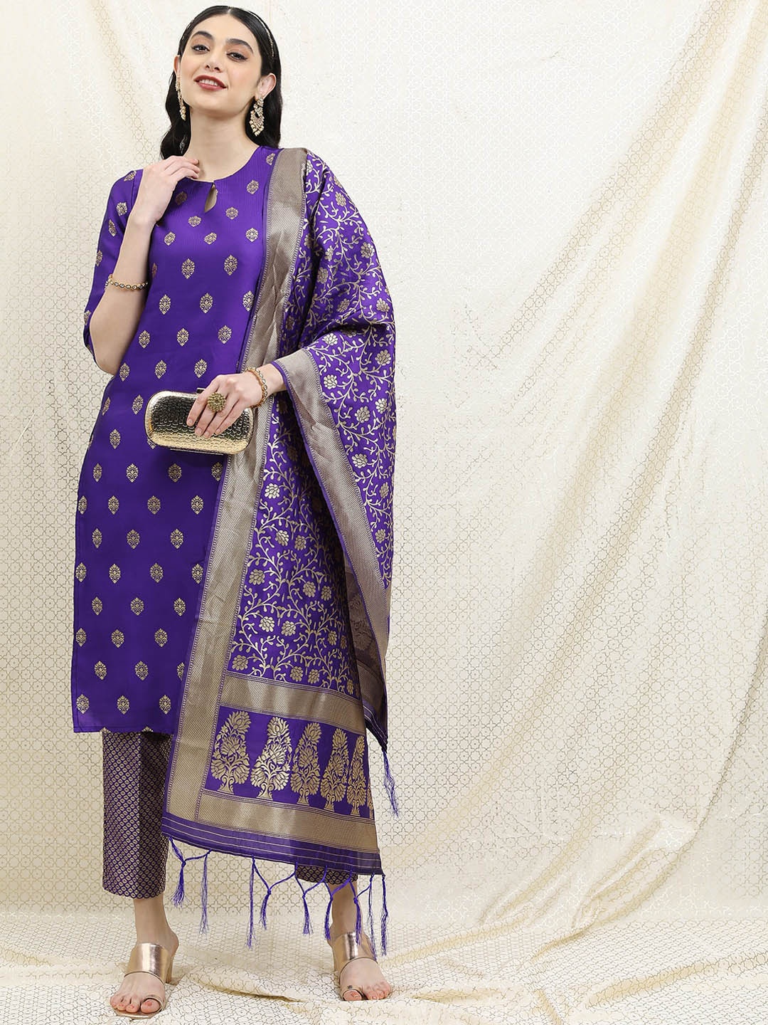 

Vishudh Ethnic Motifs Printed Brocade Kurta with Trousers & Dupatta, Violet