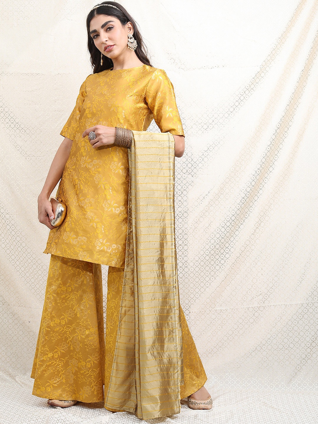 

Vishudh Women Poly Brocade Floral Self Design Kurta with Sharara & Dupatta, Yellow