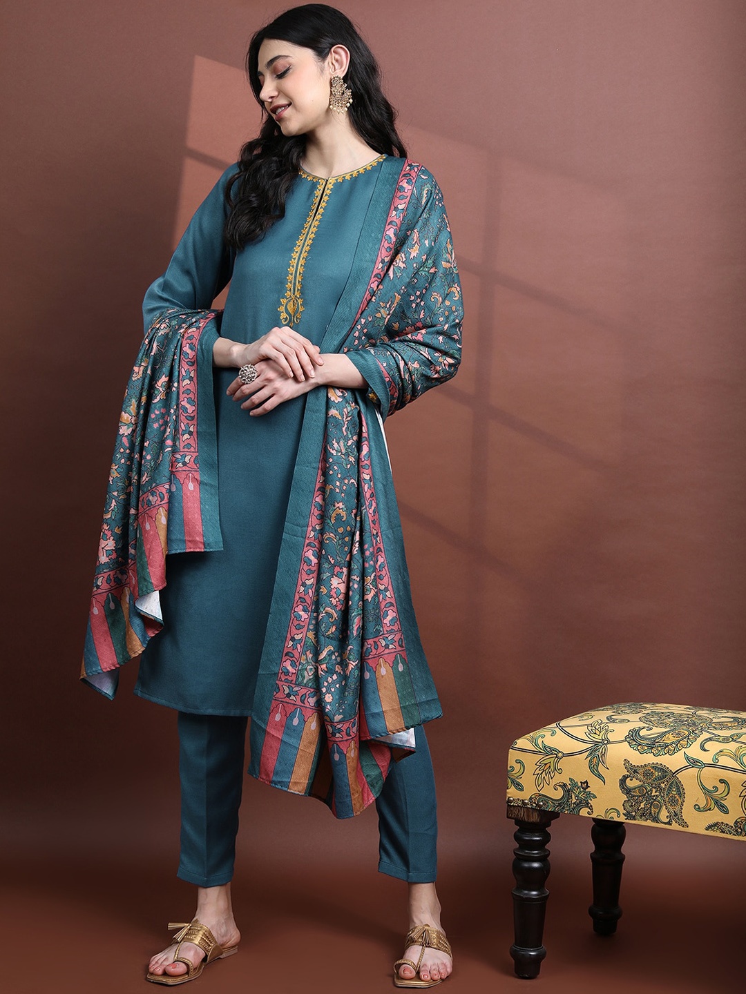 

Vishudh Women Faux Pashmina Kurta with Trousers & Dupatta, Teal