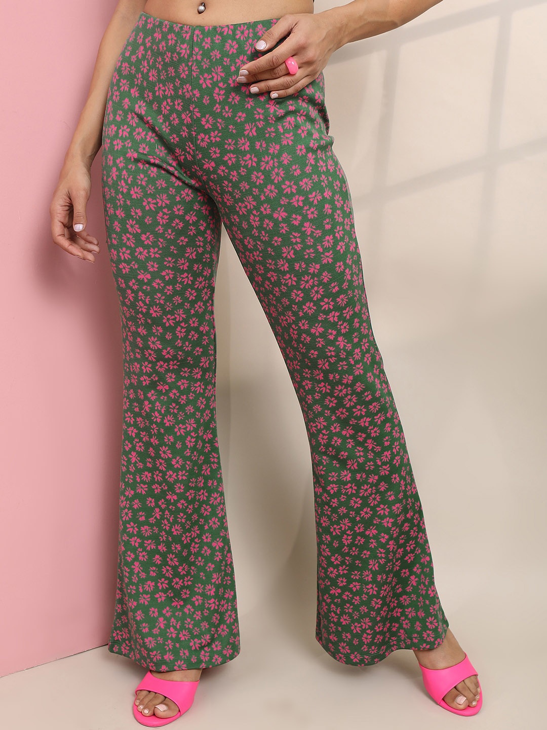 

Tokyo Talkies Women Floral Printed Jacquard Bootcut Trousers, Green
