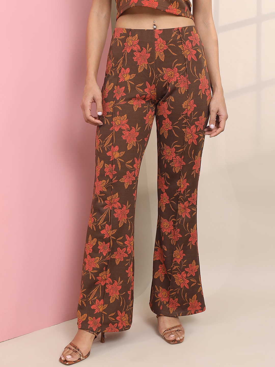 

Tokyo Talkies Women Printed Jacquard Slim Fit Bootcut Trouser, Brown